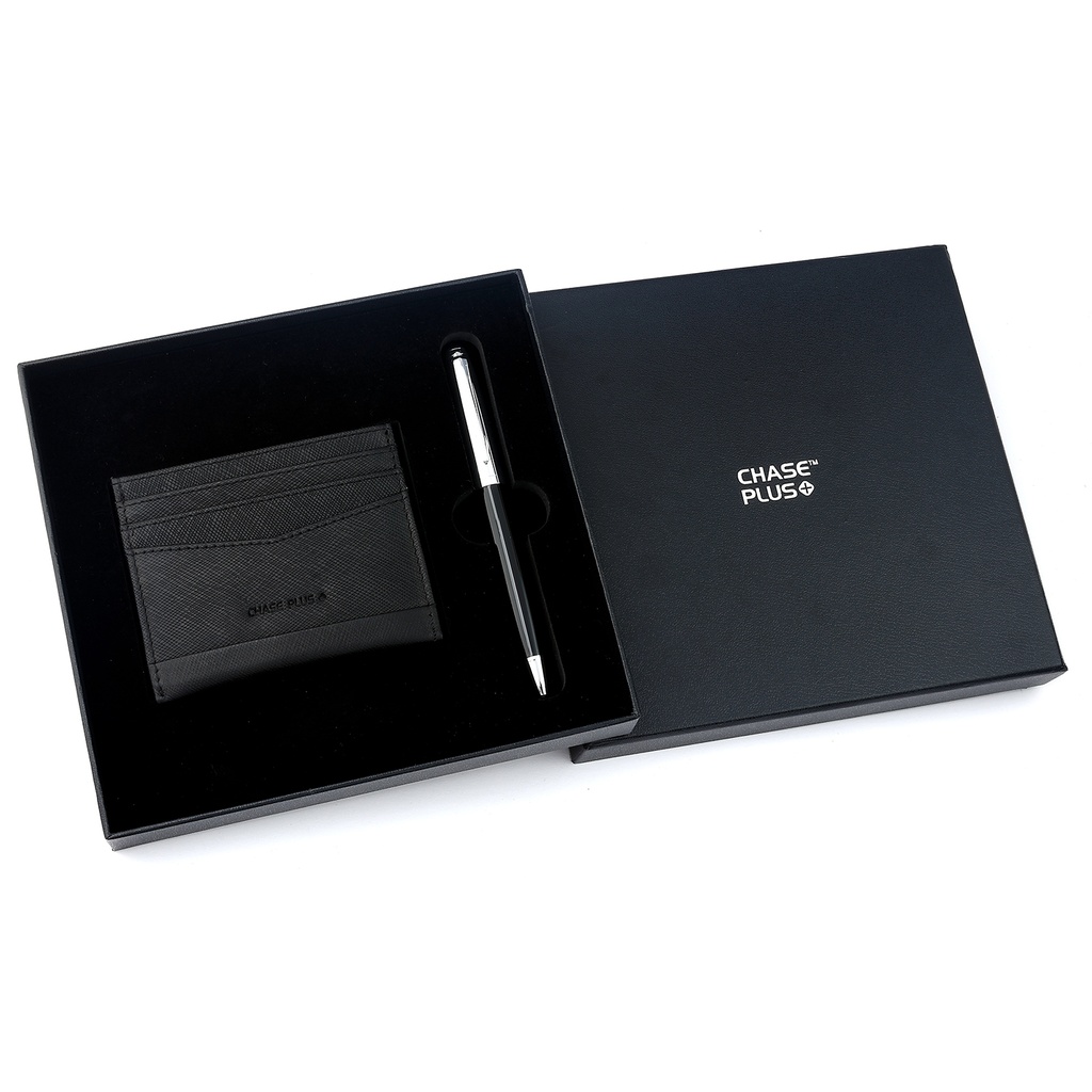 CHASE PLUS Business Gift Set- Glasgow Credit Card Holder and Libro Black Chrome Pen
