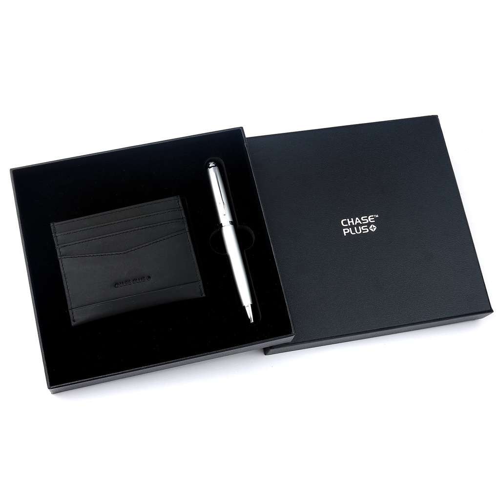 CHASE PLUS Business Gift Set- Premio Credit Card Holder and Libro Matt Silver Pen