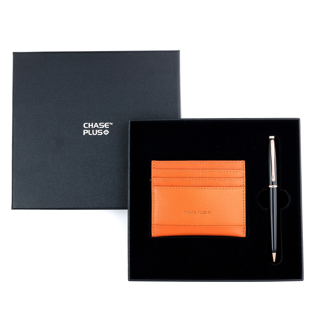 CHASE PLUS Business Gift Set- Bristol Credit Card Holder and Lexer Black Rosegold Pen