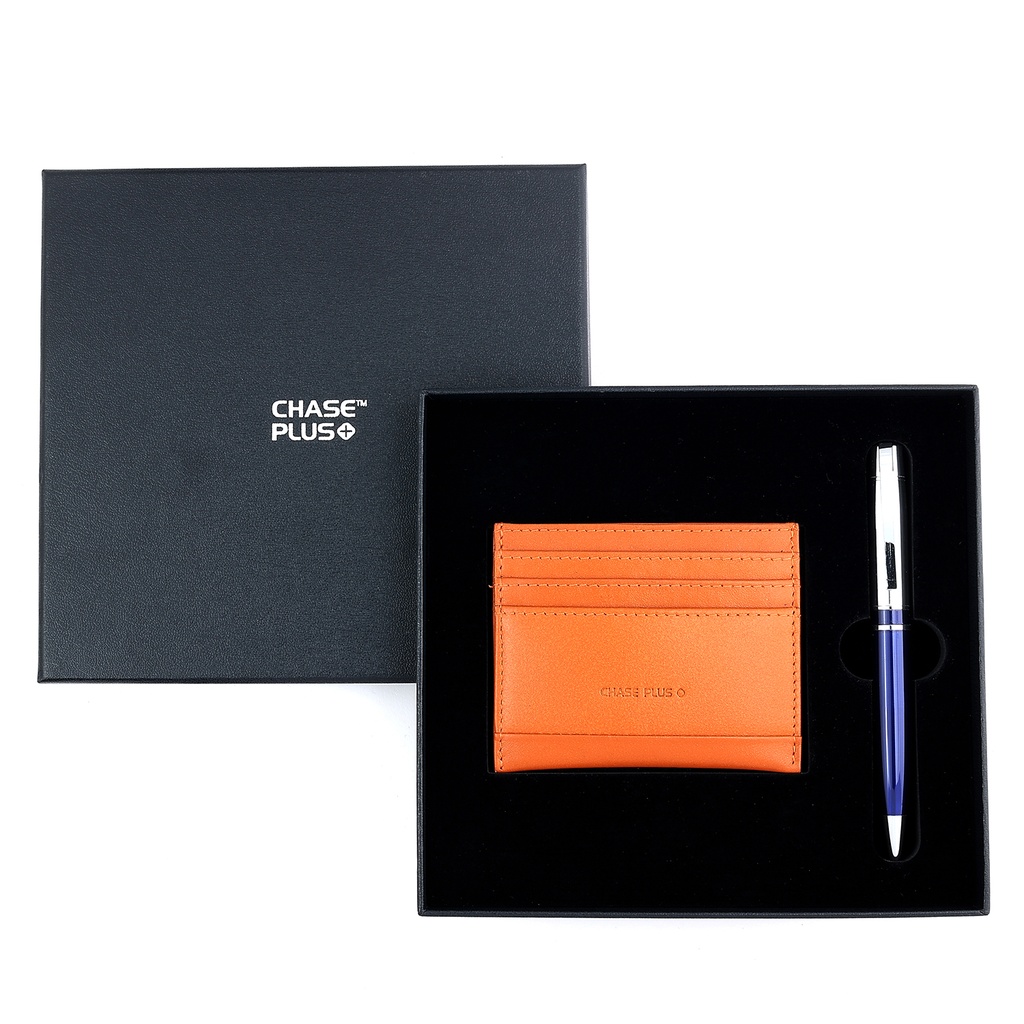 CHASE PLUS Business Gift Set- Bristol Credit Card Holder and Kanora Blue Chrome Pen