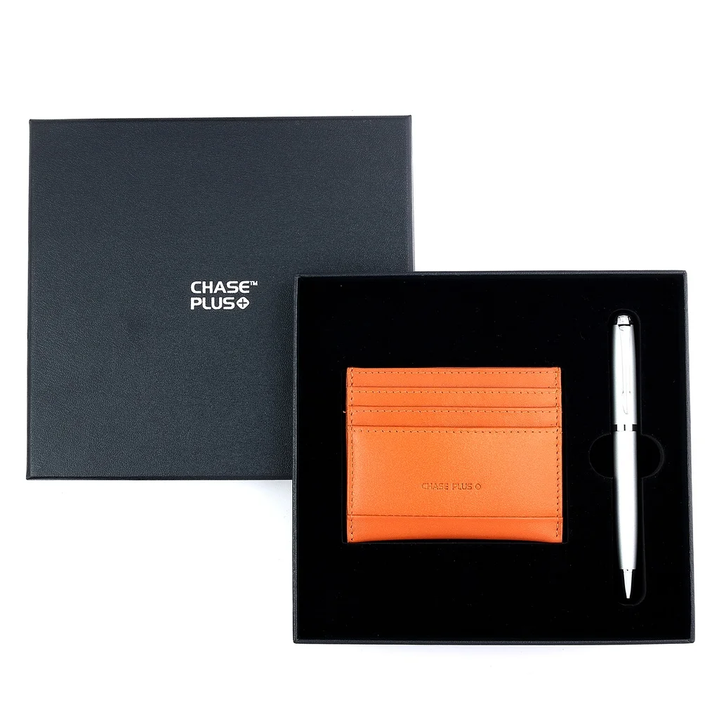 CHASE PLUS Business Gift Set- Bristol Credit Card Holder and Libro Matt Silver Pen