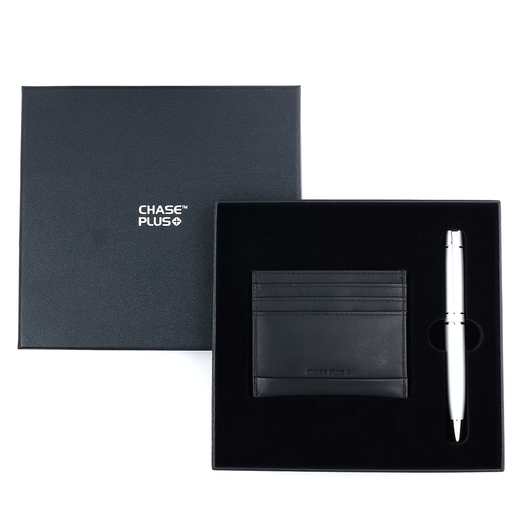 CHASE PLUS Business Gift Set- Premio Credit Card Holder and Kanora Matt Silver Pen