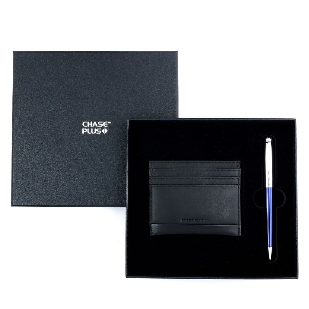 CHASE PLUS Business Gift Set- Premio Credit Card Holder and Libro Blue Chrome Pen 