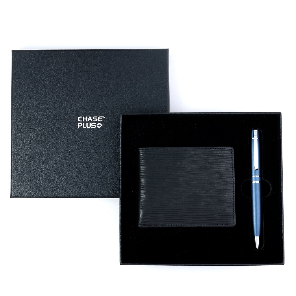 CHASE PLUS Business Gift Set-Retso Men's Wallet and Kanora Matt Blue Pen
