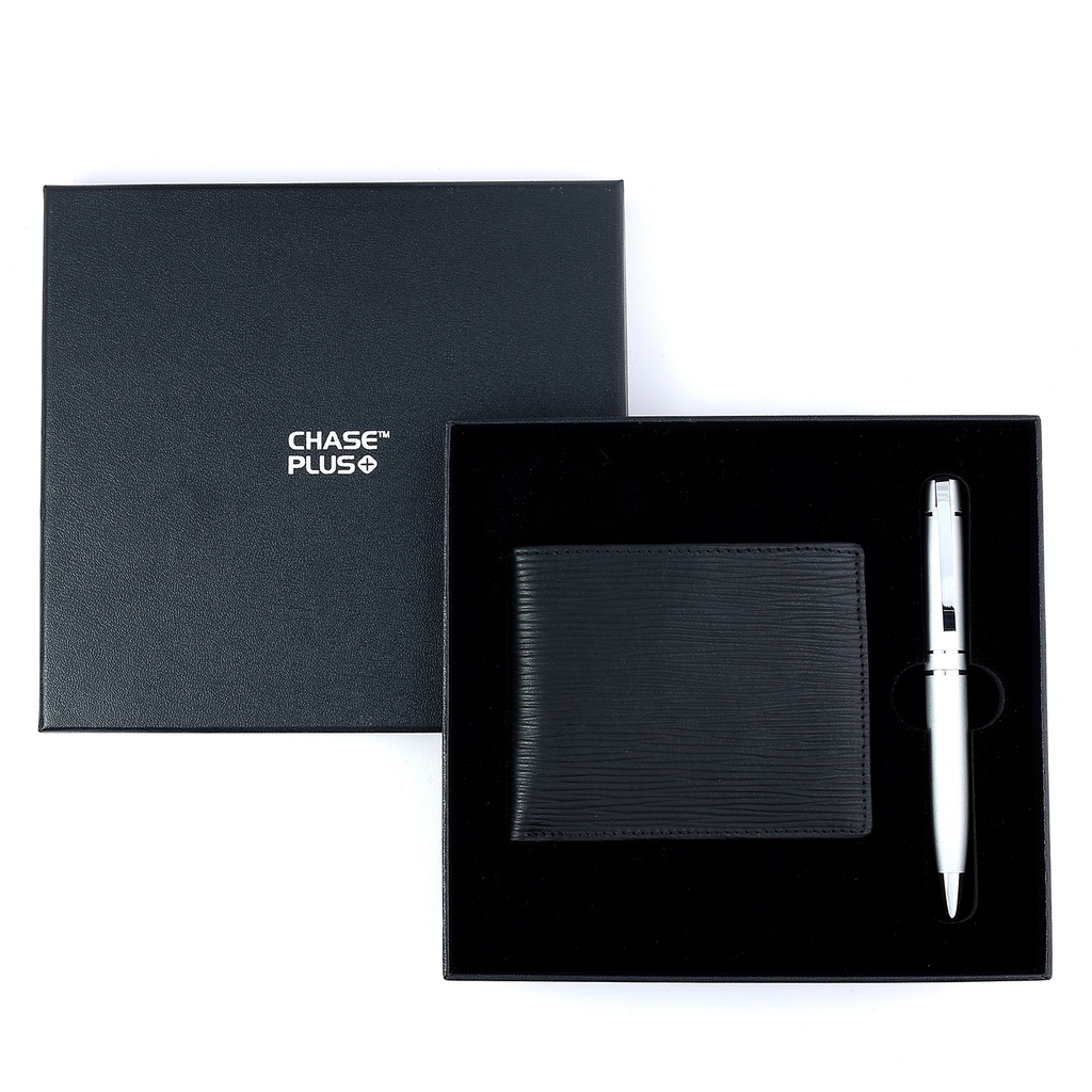 CHASE PLUS Business Gift Set-Retso Men's Wallet and Kanora Matt Silver Pen 