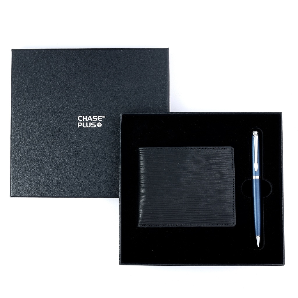 CHASE PLUS Business Gift Set-Retso Men's Wallet and Libro Matt Blue Pen 