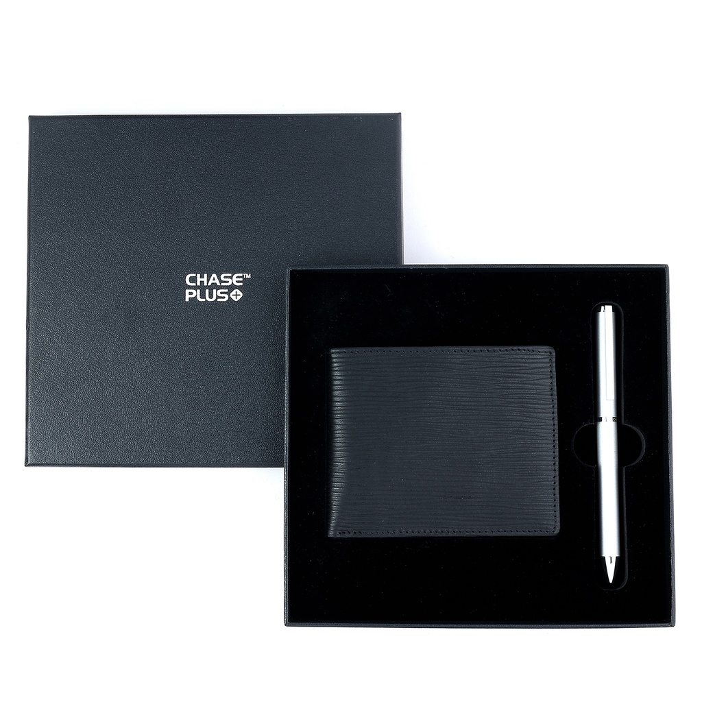 CHASE PLUS Business Gift Set-Retso Men's Wallet and Danza Matt Silver Pen 