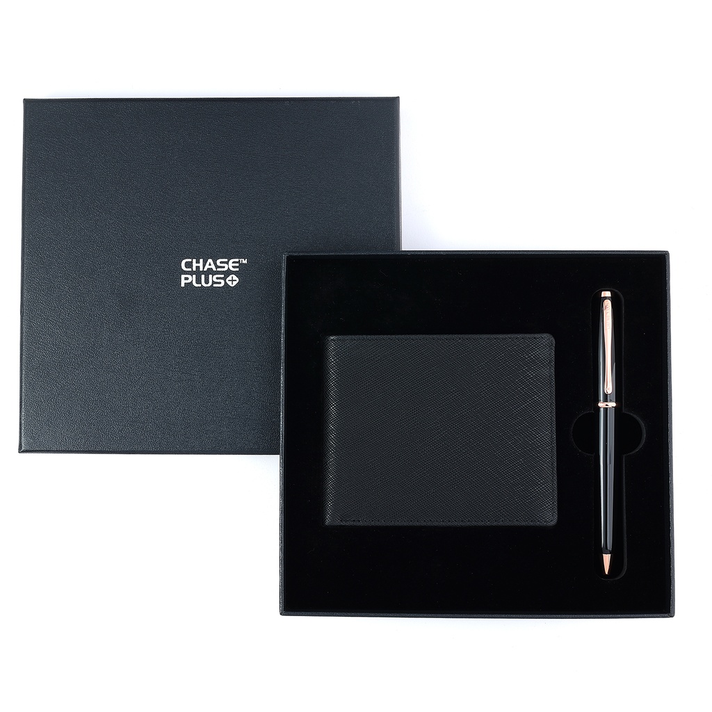 CHASE PLUS Business Gift Set-Glasgow Men's Wallet and Lexer Black Rosegold Pen 