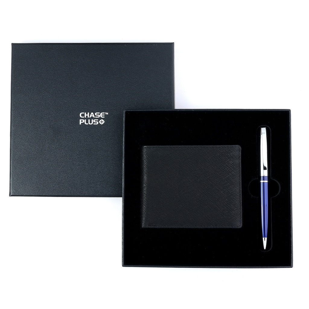 CHASE PLUS Business Gift Set-Glasgow Men's Wallet and Kanora Blue Chrome Pen 