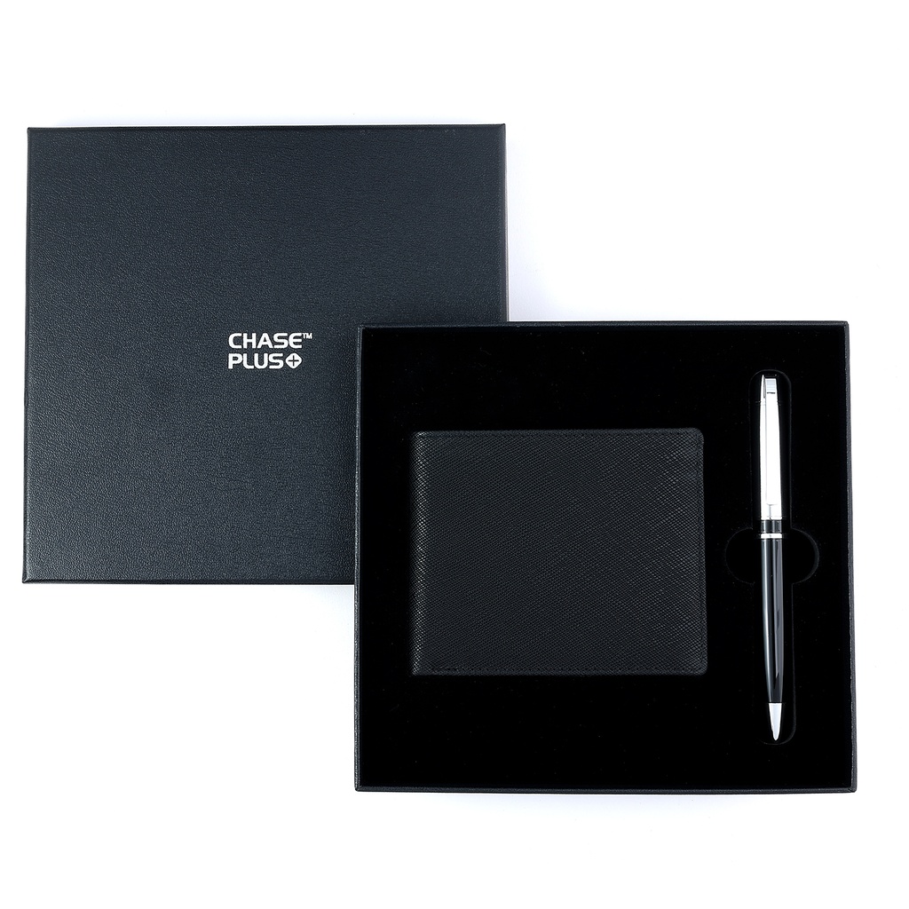 CHASE PLUS Business Gift Set-Glasgow Men's Wallet and Kanora Black Chrome Pen 