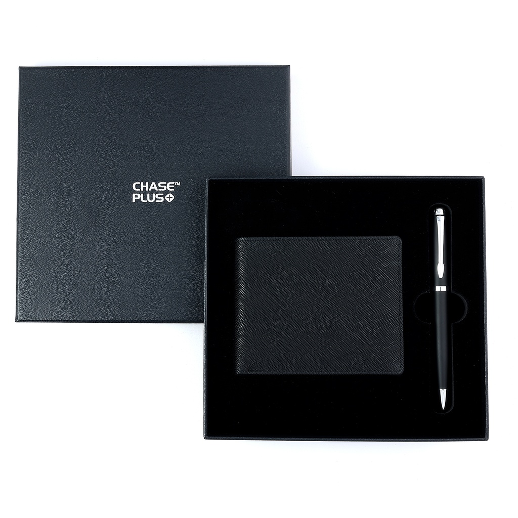 CHASE PLUS Business Gift Set-Glasgow Men's Wallet and Libro Matt Black Pen