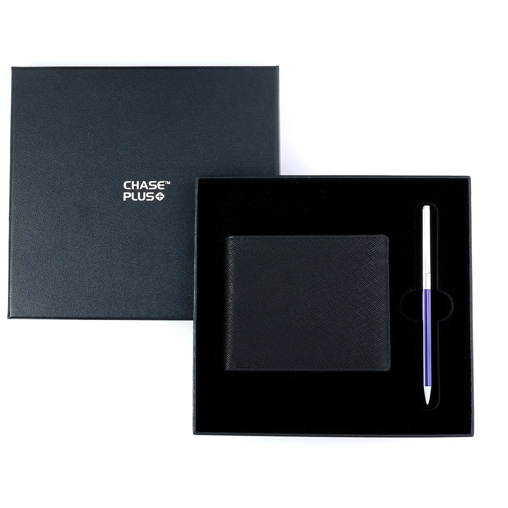 CHASE PLUS Business Gift Set-Glasgow Men's Wallet and Danza Blue Chrome Pen  