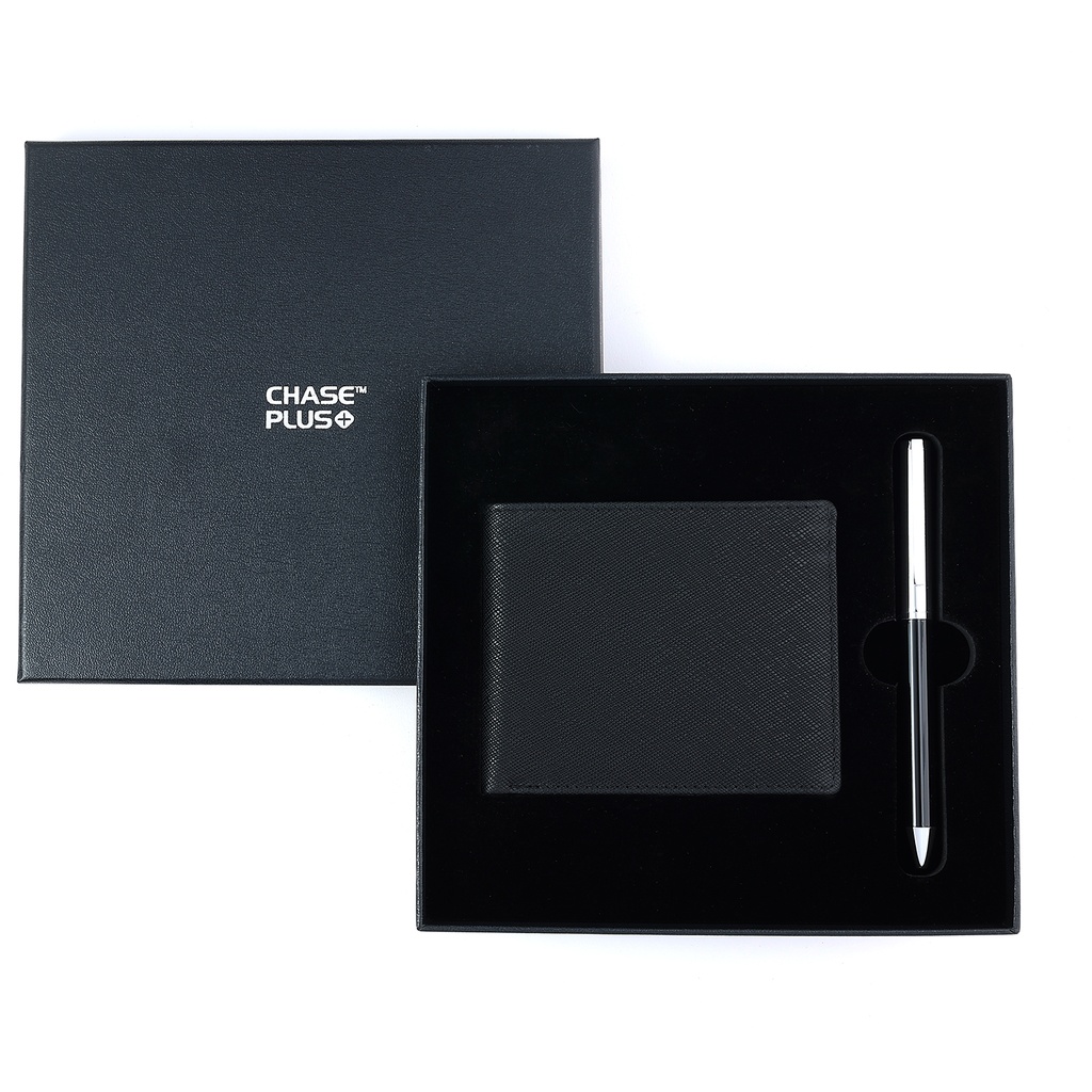 CHASE PLUS Business Gift Set-Glasgow Men's Wallet and Danza Black Chrome Pen 