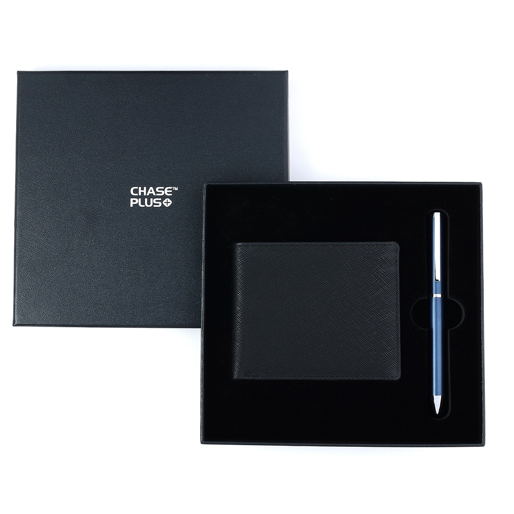 CHASE PLUS Business Gift Set-Glasgow Men's Wallet and Danza Matt Blue Pen 
