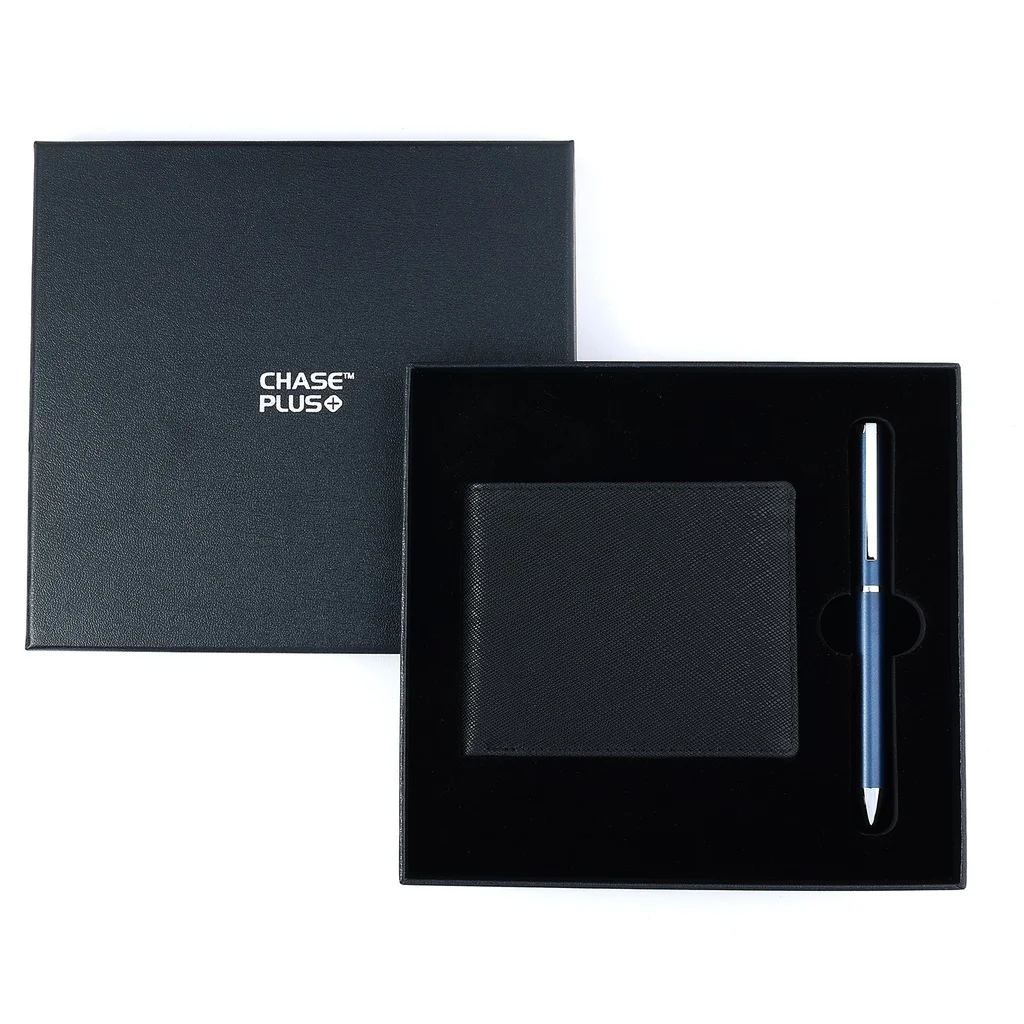 CHASE PLUS Business Gift Set-Glasgow Men's Wallet and Danza Matt Blue Pen 