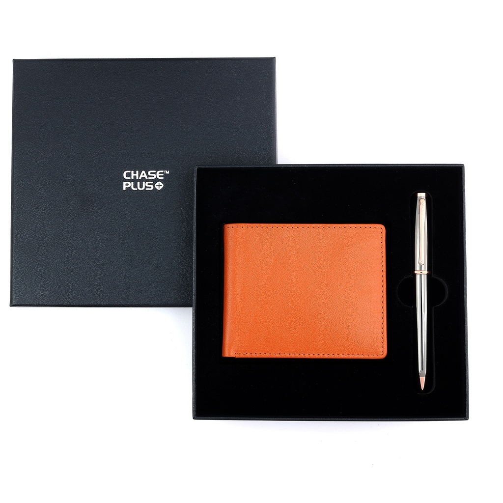 CHASE PLUS Business Gift Set-Bristol Men's Wallet and Lexer Gun Metal Pen