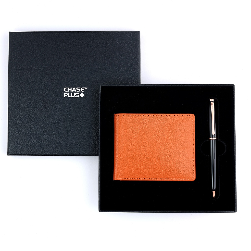 CHASE PLUS Business Gift Set-Bristol Men's Wallet and Lexer Black Rosegold Pen
