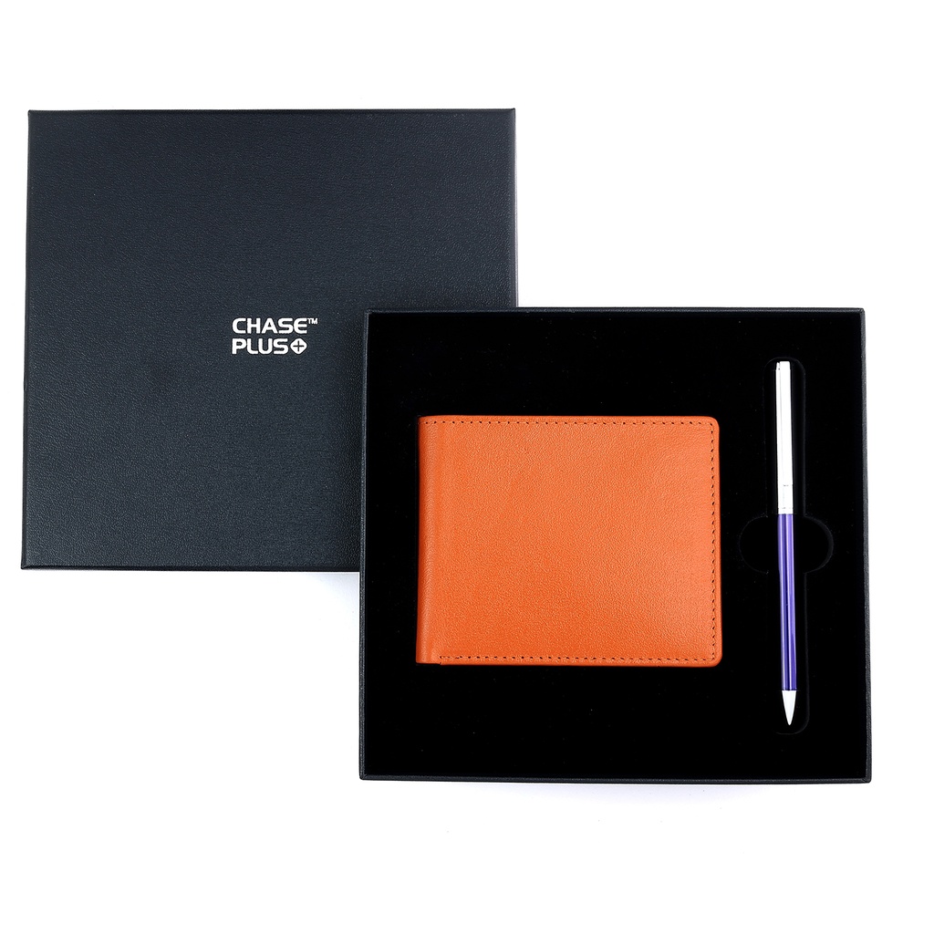 CHASE PLUS Business Gift Set-Bristol Men's Wallet and Danza Blue Chrome Pen  