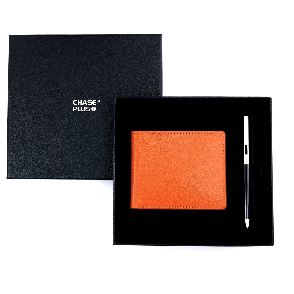 CHASE PLUS Business Gift Set-Bristol Men's Wallet and Danza Black Chrome Pen 