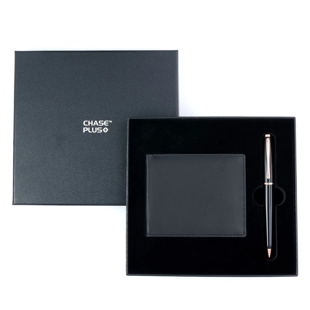  CHASE PLUS Business Gift Set-Premio Men's Wallet and Lexer Black Rosegold Pen 