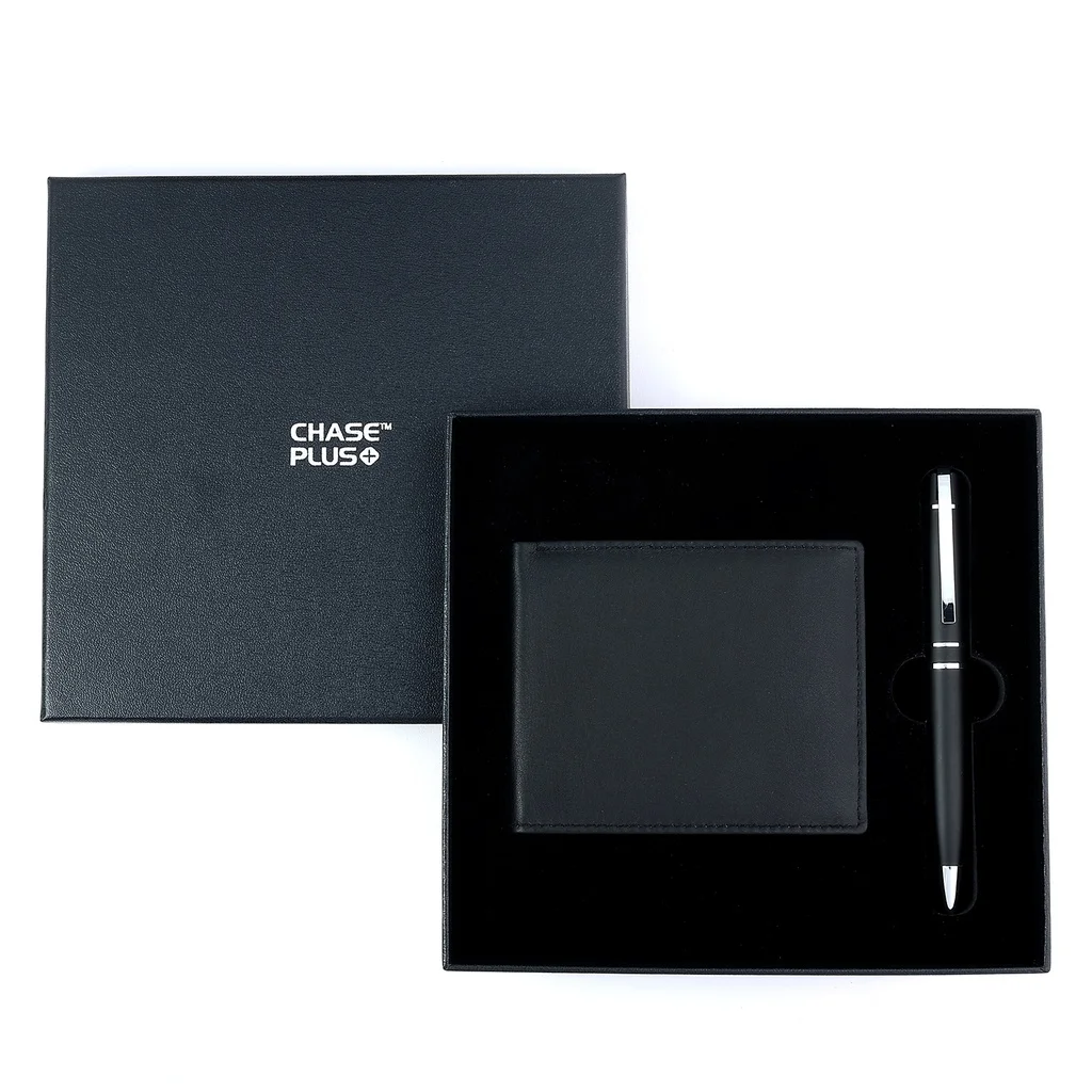 CHASE PLUS Business Gift Set-Premio Men's Wallet and Kanora Matt Black Pen