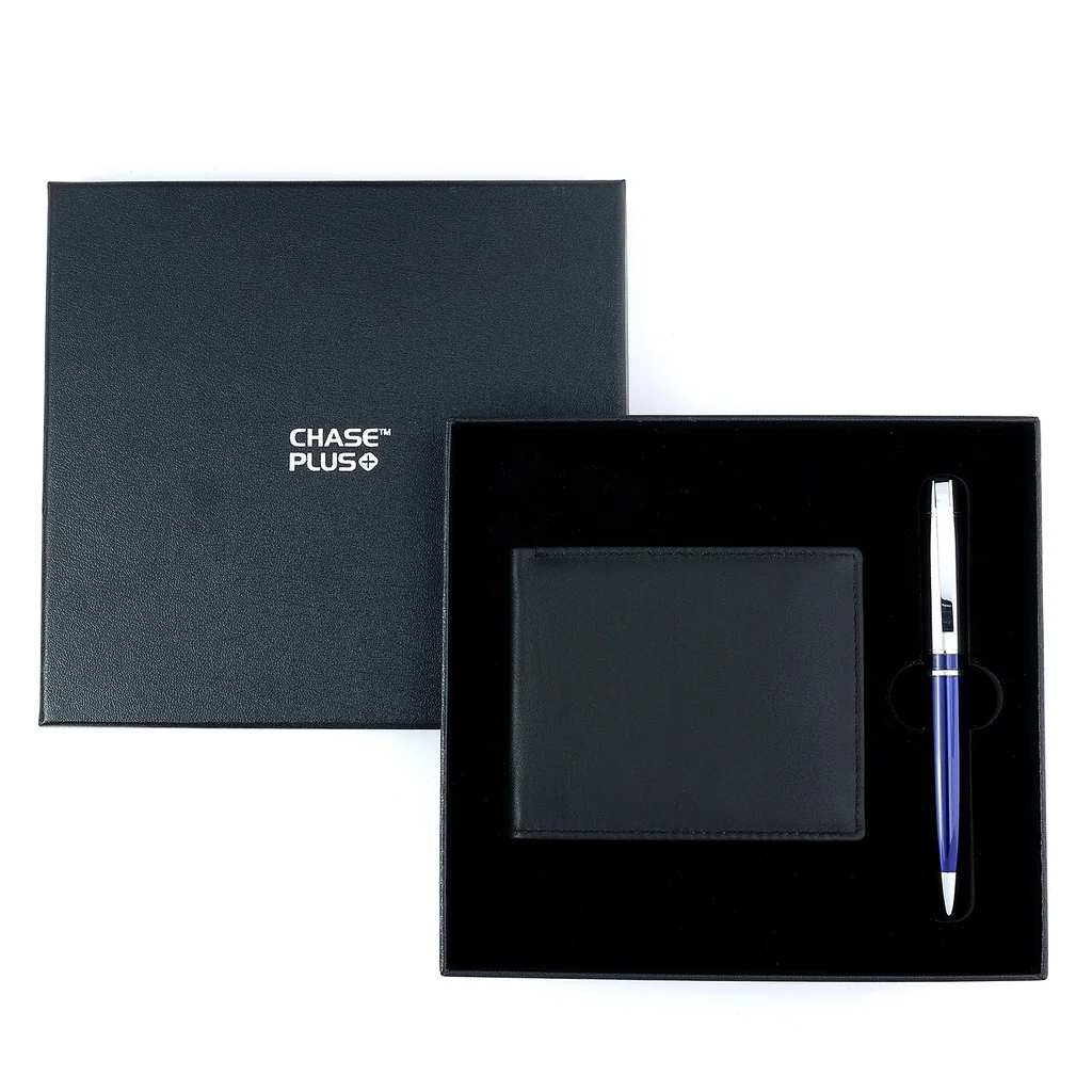 CHASE PLUS Business Gift Set-Premio Men's Wallet and Kanora Blue Chrome Pen 