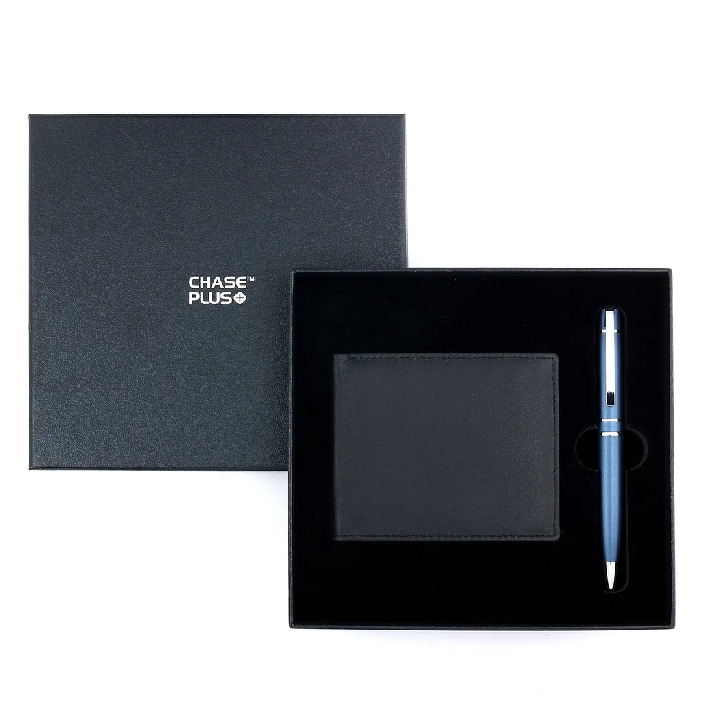 CHASE PLUS Business Gift Set-Premio Men's Wallet and Kanora Matt Blue Pen 