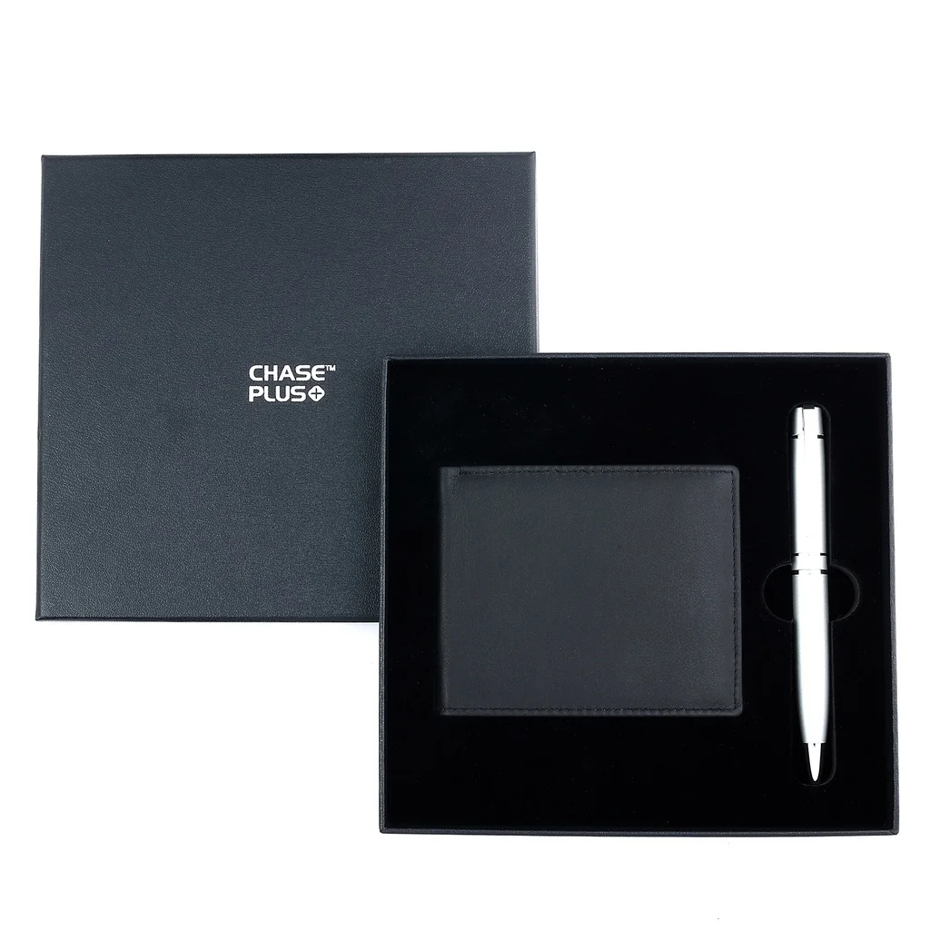 CHASE PLUS Business Gift Set-Premio Men's Wallet and Kanora Matt Silver Pen 