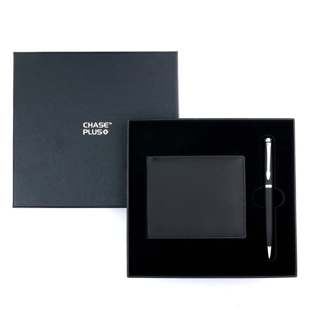 CHASE PLUS Business Gift Set-Premio Men's Wallet and Libro Matt Black Pen