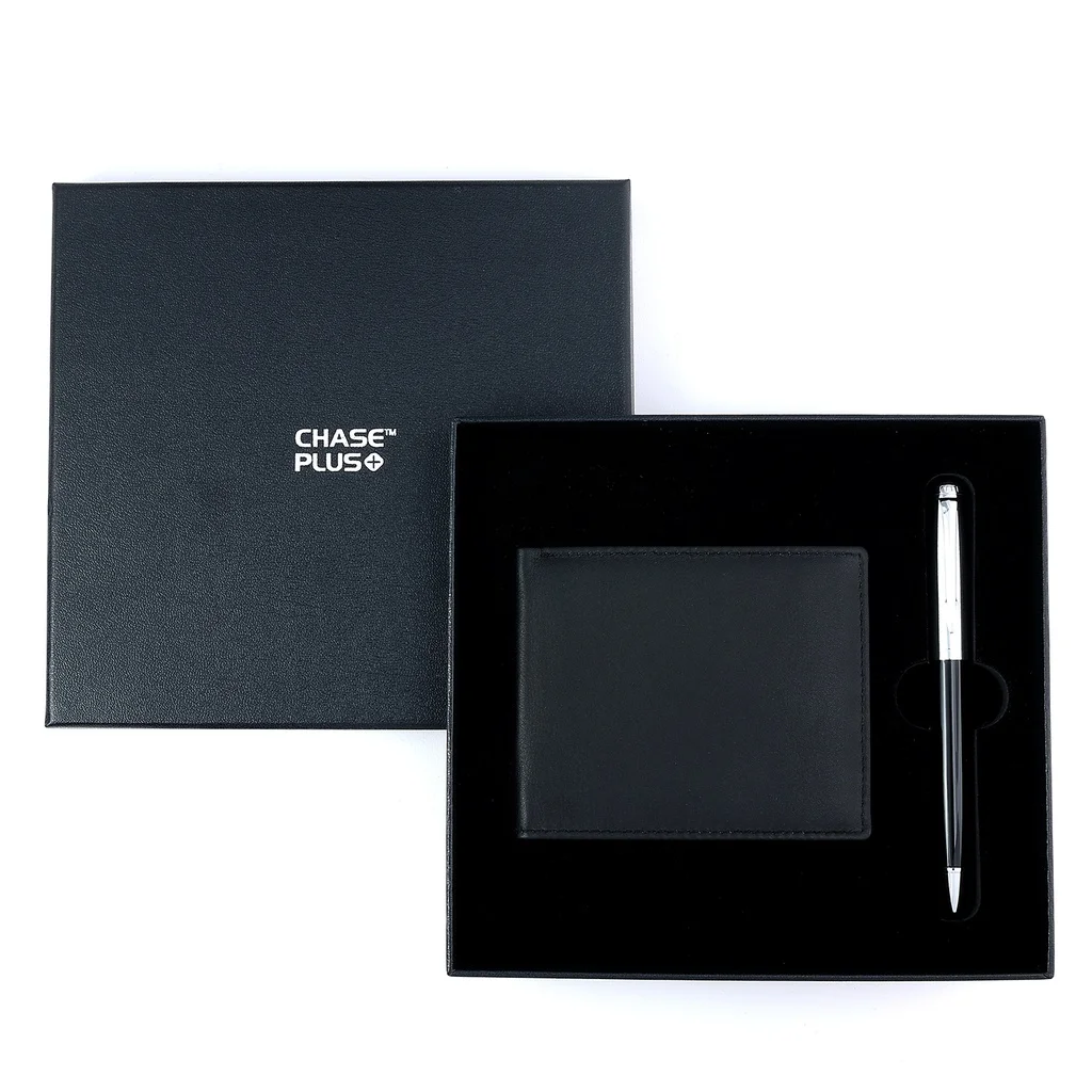 CHASE PLUS Business Gift Set-Premio Men's Wallet and Libro Black Chrome Pen 