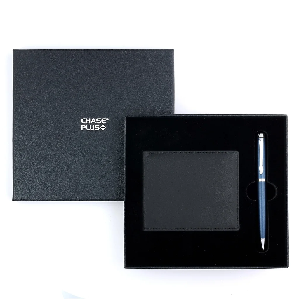 CHASE PLUS Business Gift Set-Premio Men's Wallet and Libro Matt Blue Pen 