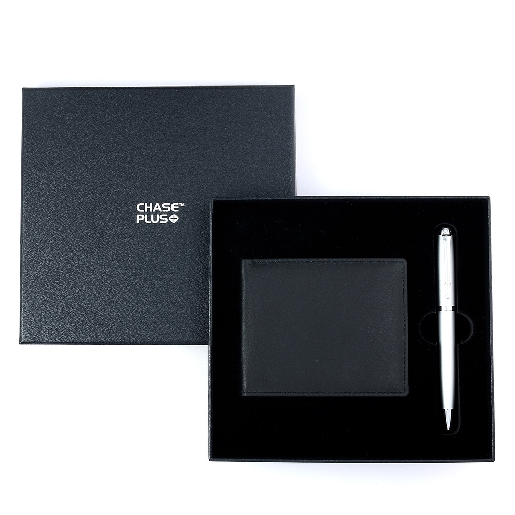 CHASE PLUS Business Gift Set-Premio Men's Wallet and Libro Matt Silver Pen 