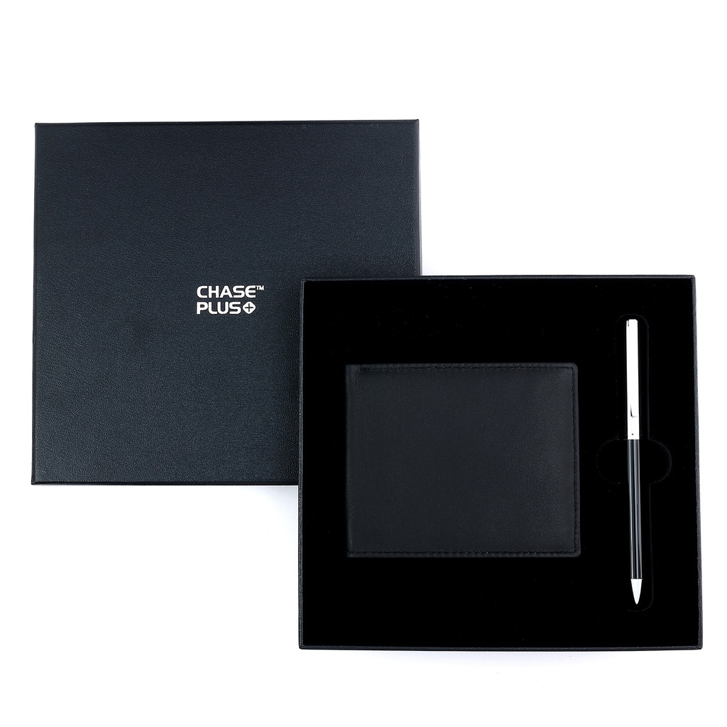 CHASE PLUS Business Gift Set-Premio Men's Wallet and Danza Black Chrome Pen 