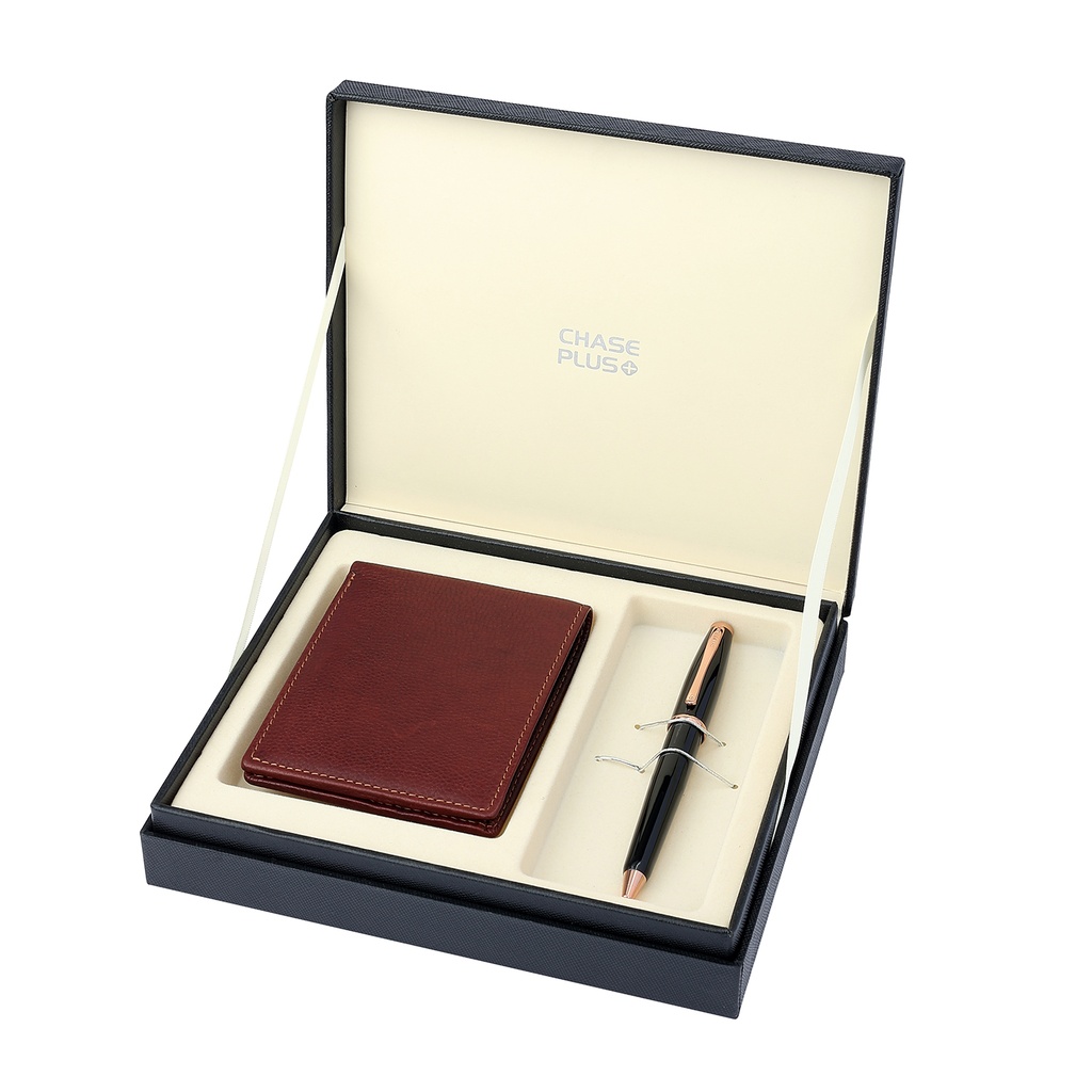 CHASE PLUS Business Gift Set Oxford Men's Wallet and Lexer Black Rosegold Pen 