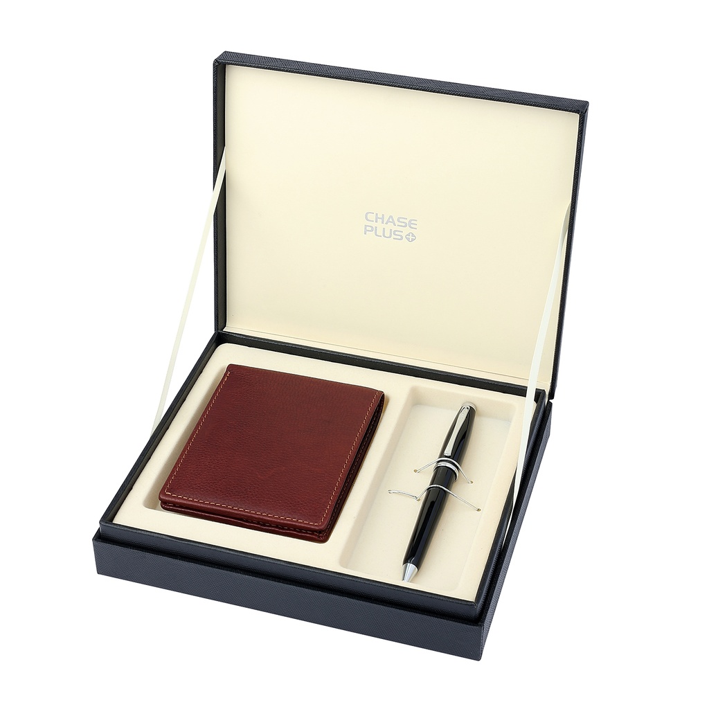 CHASE PLUS Business Gift Set Oxford Men's Wallet and Lexer Black Pen 
