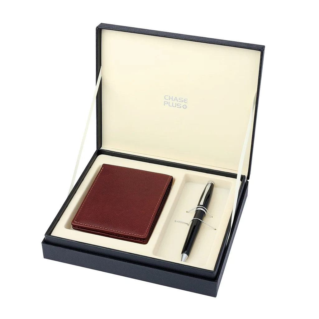 CHASE PLUS Business Gift Set Oxford Men's Wallet and Lexer Black Pen 