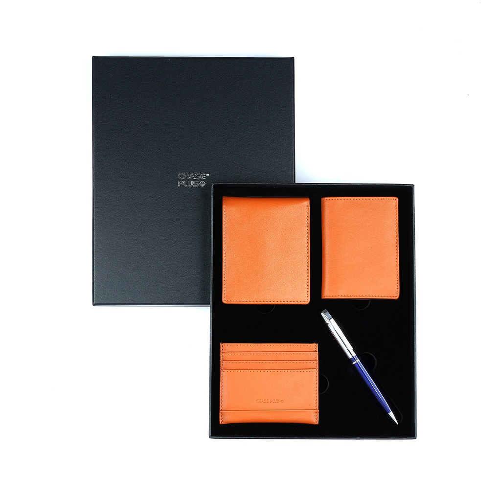 CHASE PLUS Business Gift Set Bristol Men's Wallet, Credit Card Holder, BCH and Kanora Blue Chrome Pen 