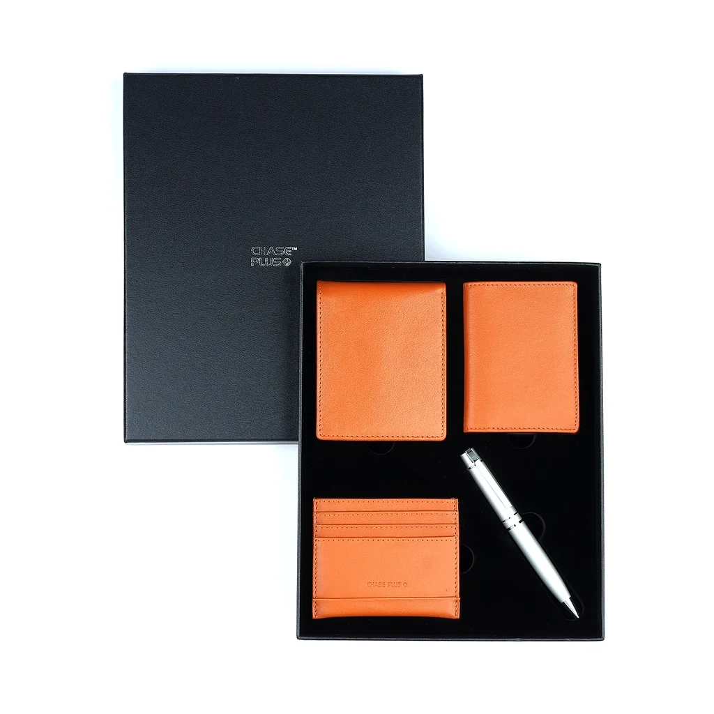 CHASE PLUS Business Gift Set Bristol Men's Wallet, Credit Card Holder, BCH and Kanora Matt Silver Pen 