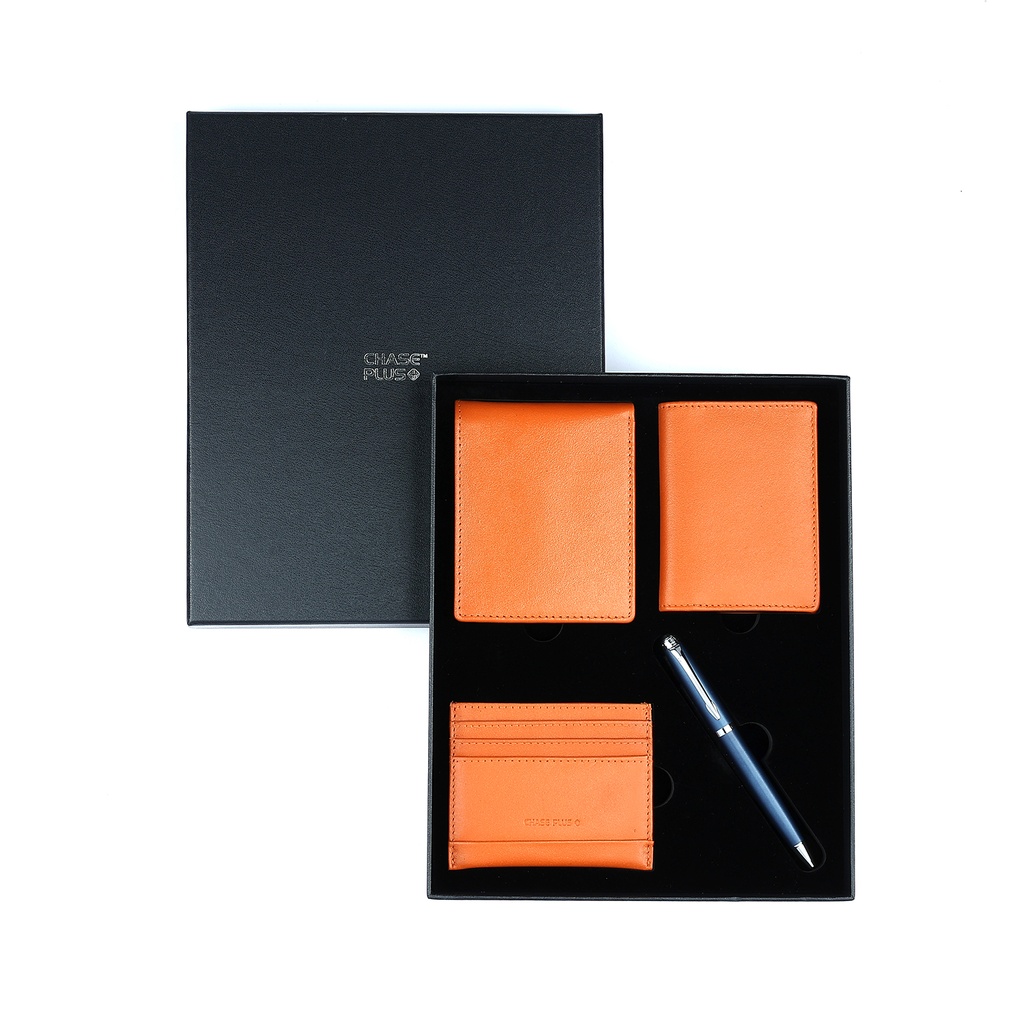 CHASE PLUS Business Gift Set Bristol Men's Wallet, Credit Card Holder, BCH and Libro Matt Blue Pen 