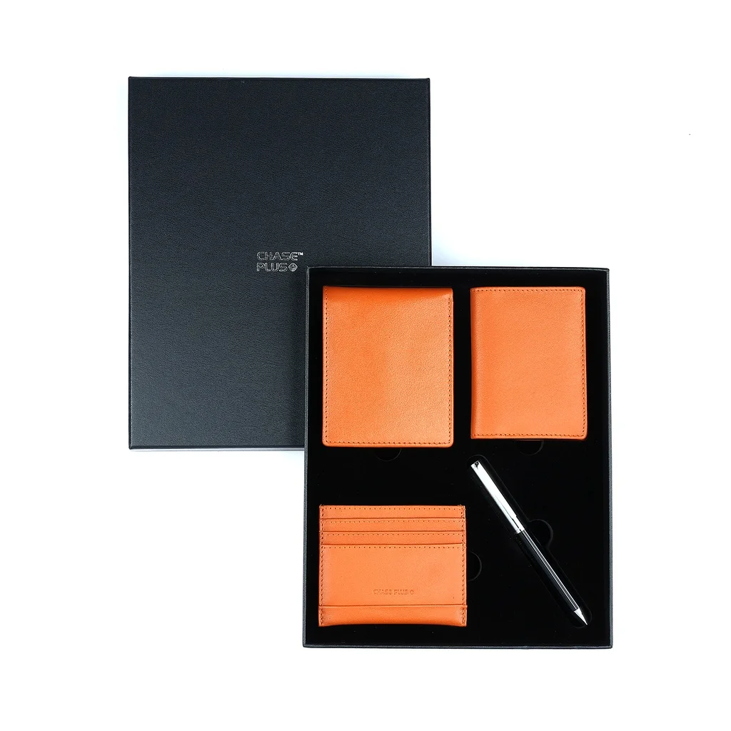 CHASE PLUS Business Gift Set Bristol Men's Wallet, Credit Card Holder, BCH and Danza Black Chrome Pen  