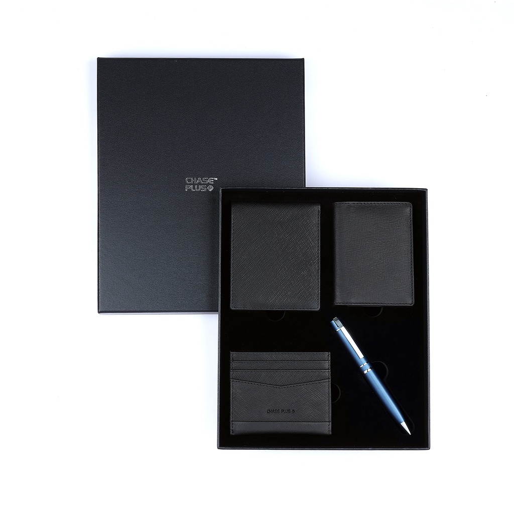 CHASE PLUS Business Gift Set Glasgow Men's Wallet, Credit Card Holder, BCH and Kanora Matt Blue Pen