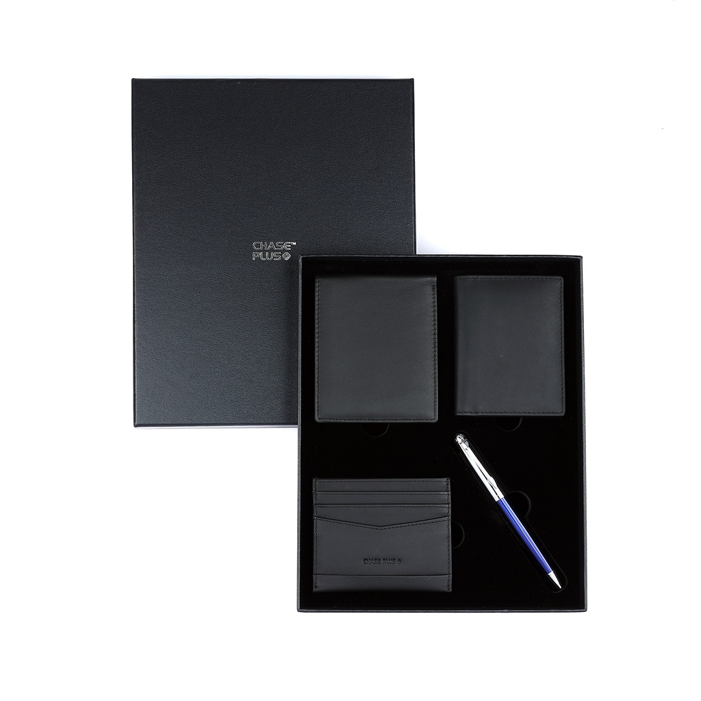 CHASE PLUS Business Gift Set Premio Men's Wallet, Credit Card Holder, BCH and Libro Blue Chrome Pen 