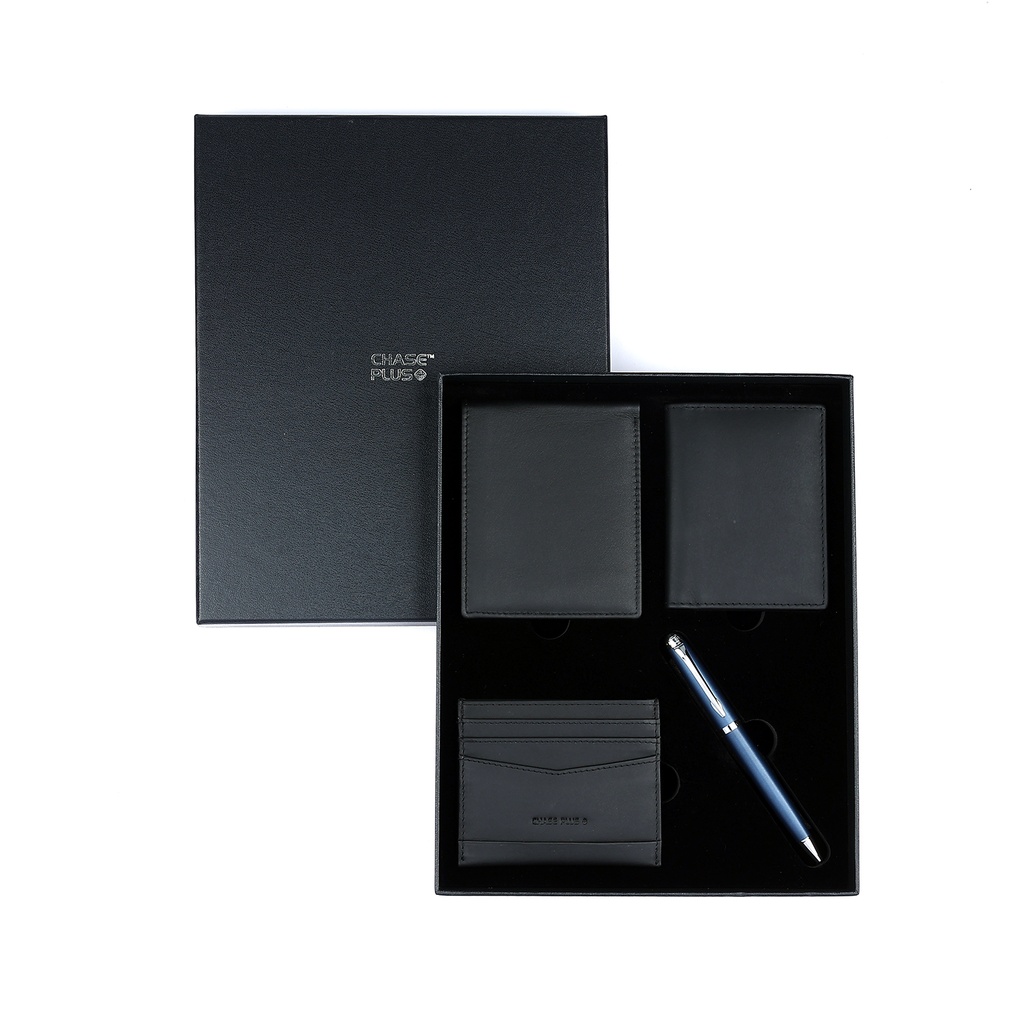 CHASE PLUS Business Gift Set Premio Men's Wallet, Credit Card Holder, BCH and Libro Matt Blue Pen  