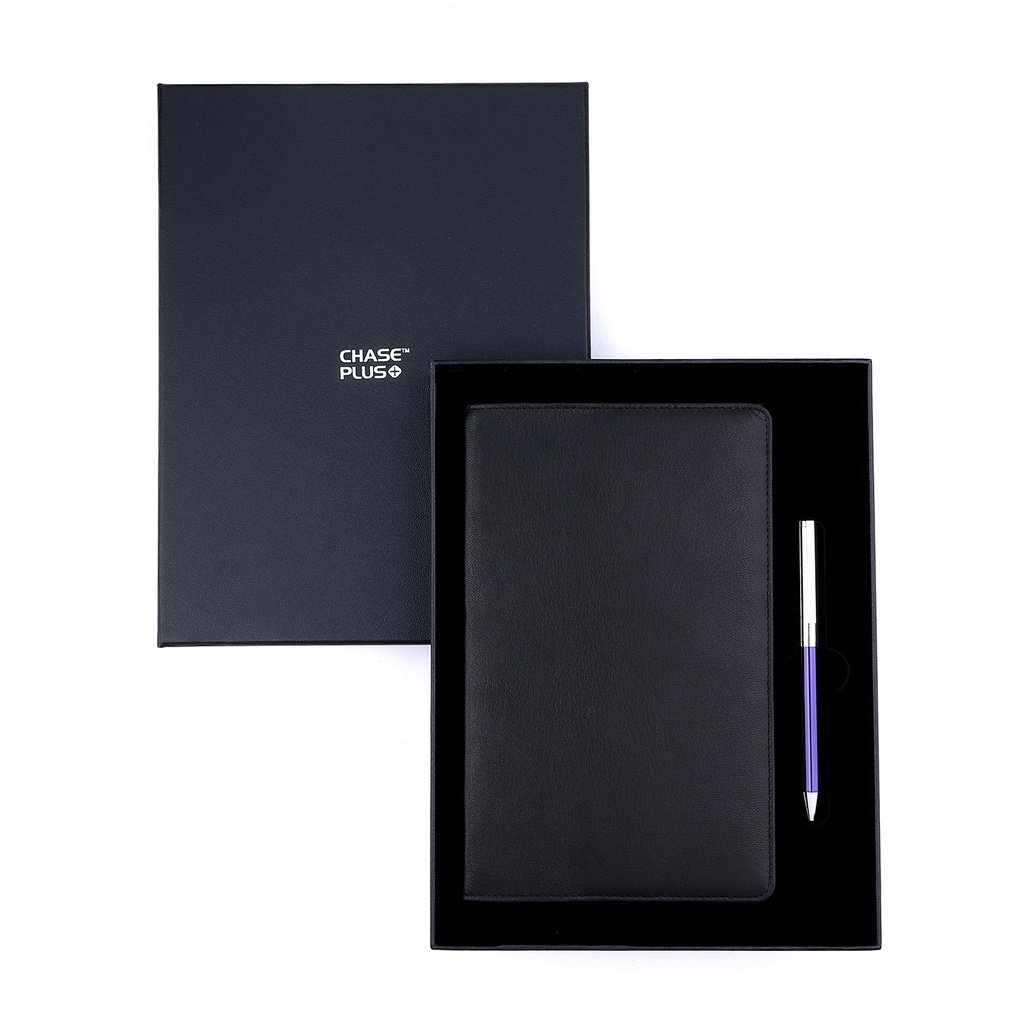 Business Gift Set-Capre Leather Covered Organizer Black and Danza Blue Chrome Pen 