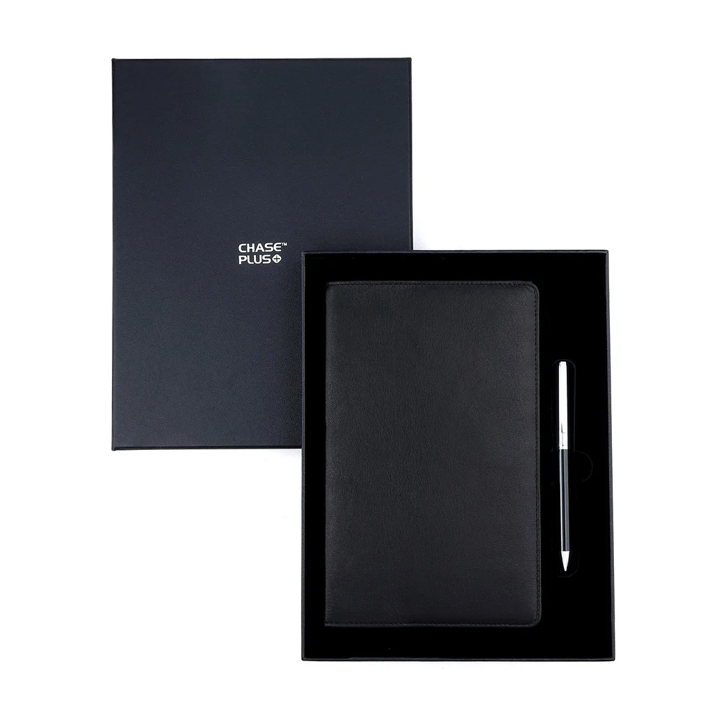 Business Gift Set-Capre Leather Covered Organizer Black and Danza Black Chrome Pen