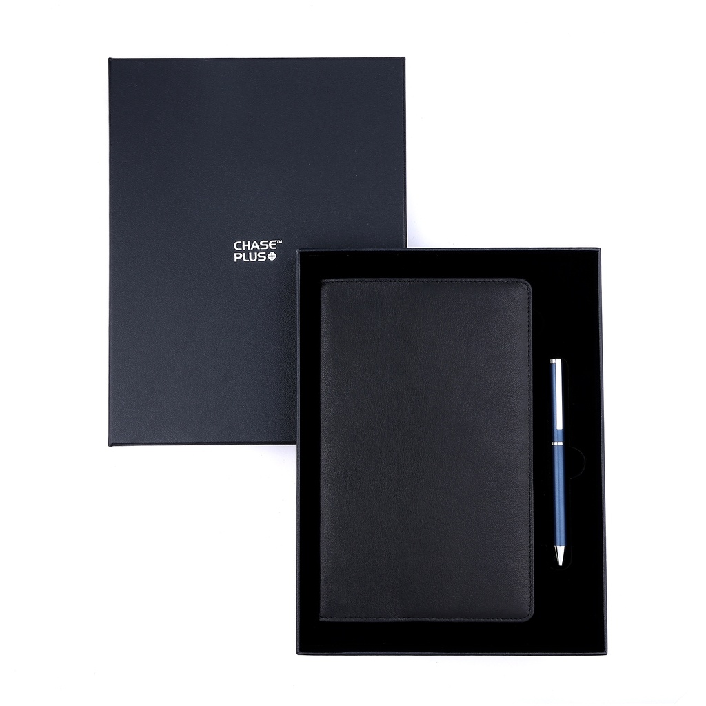 Business Gift Set-Capre Leather Covered Organizer Black and Danza Matt Blue Pen 