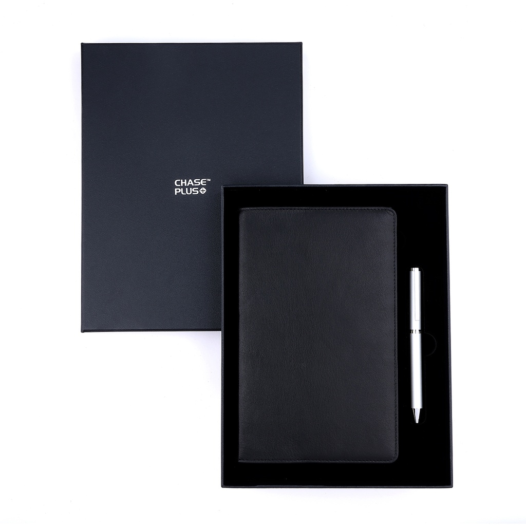 Business Gift Set-Capre Leather Covered Organizer Black and Danza Matt Silver Pen 