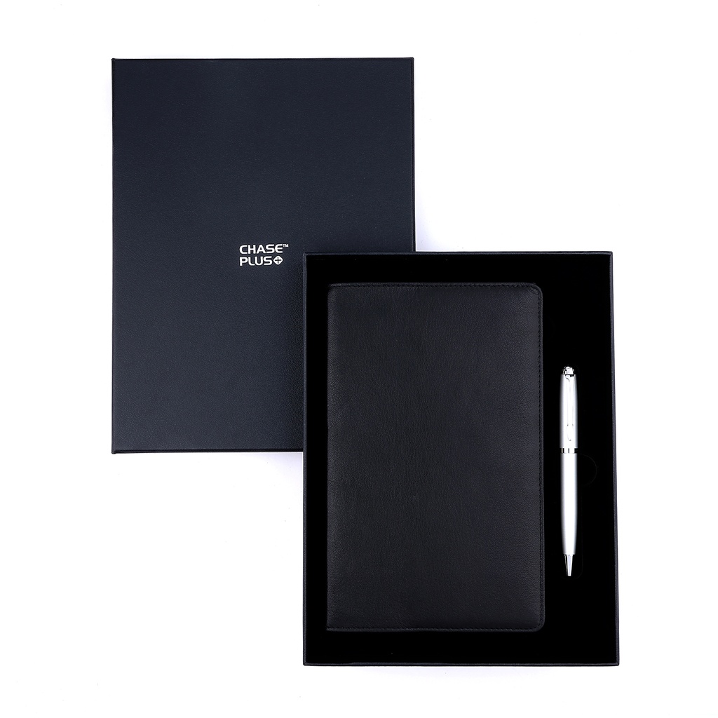 Business Gift Set-Capre Leather Covered Organizer Black and Libro Matt Silver Pen 