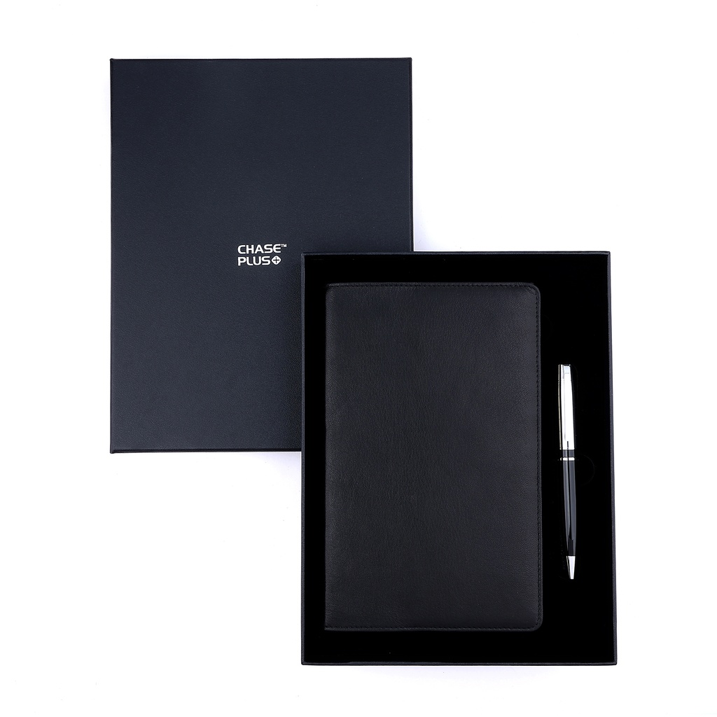 Business Gift Set-Capre Leather Covered Organizer Black and Kanora Black Chrome Pen 