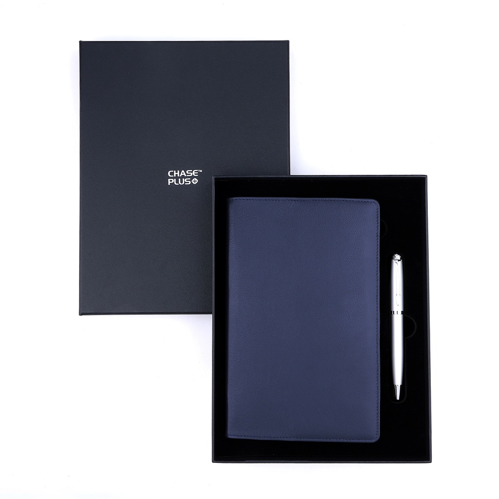 Business Gift Set-Capre Leather Covered Organizer Blue and Libro Matt Silver Pen 